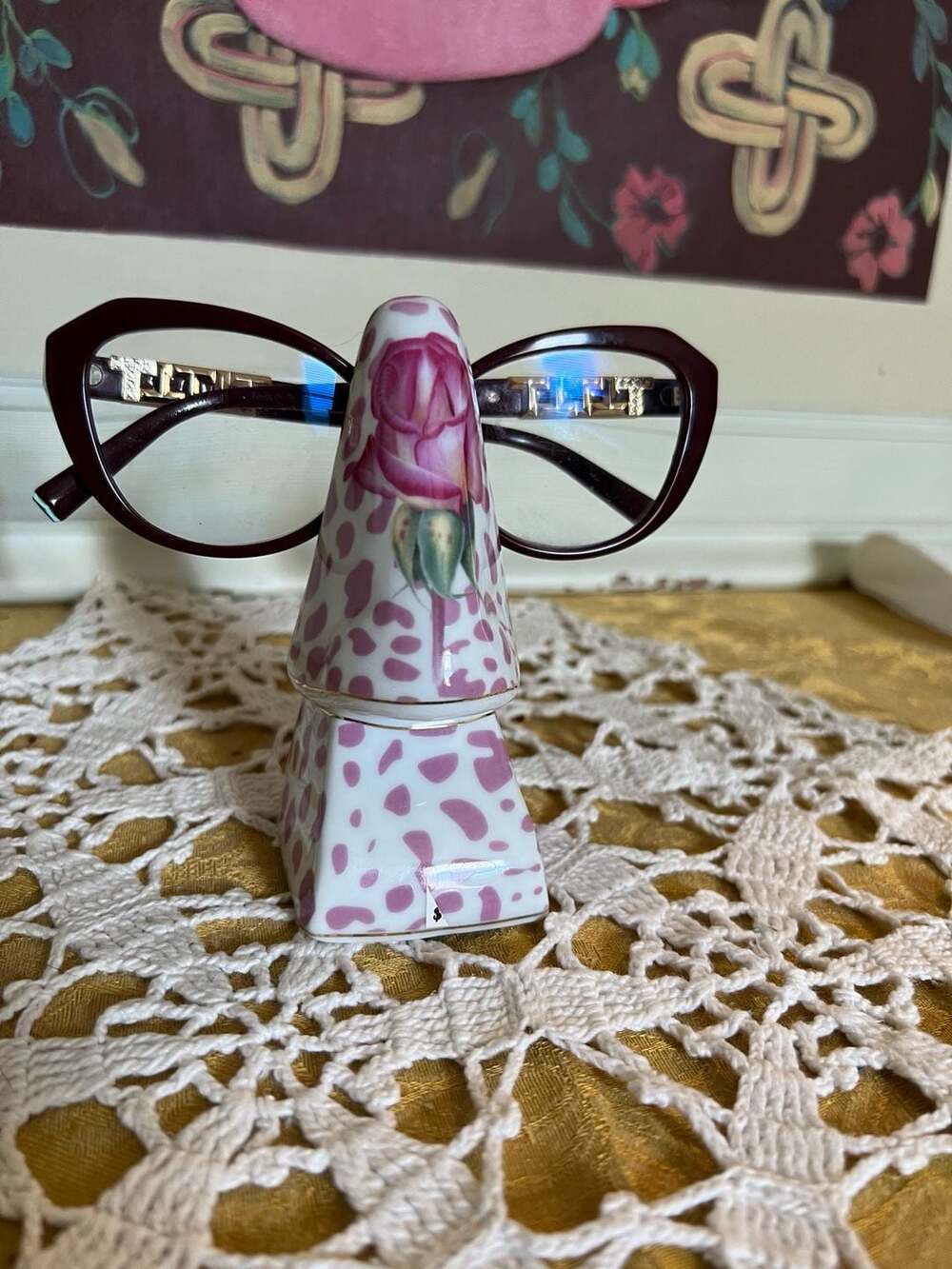 Sorelle Fine Porcelain Eyeglass Holder Stand with Rose and Pink Animal Print